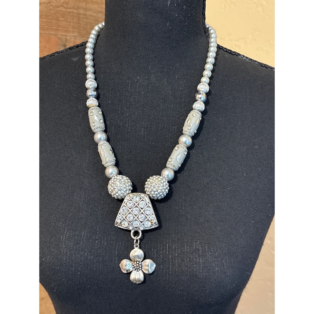 Vintage Silver Tone Statement Necklace Faux Pearl Rhinestone Flower Toggle 25in